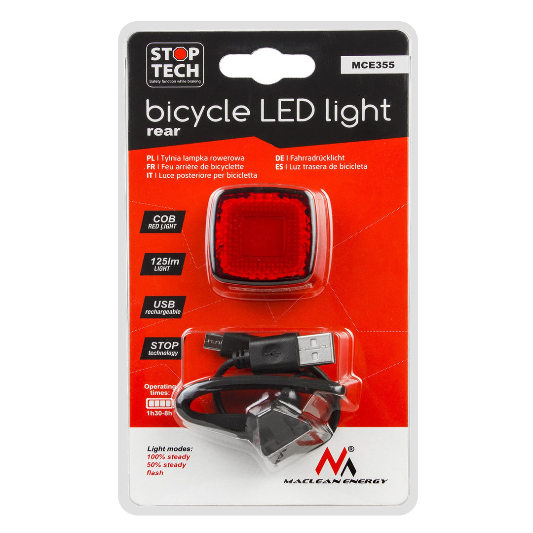 Maclean MCE355 Bike Tail Light Rear Light COB LED Light 125 Lumens USB Rechargeable Battery 3 Flashing Modes IP44 Waterproof