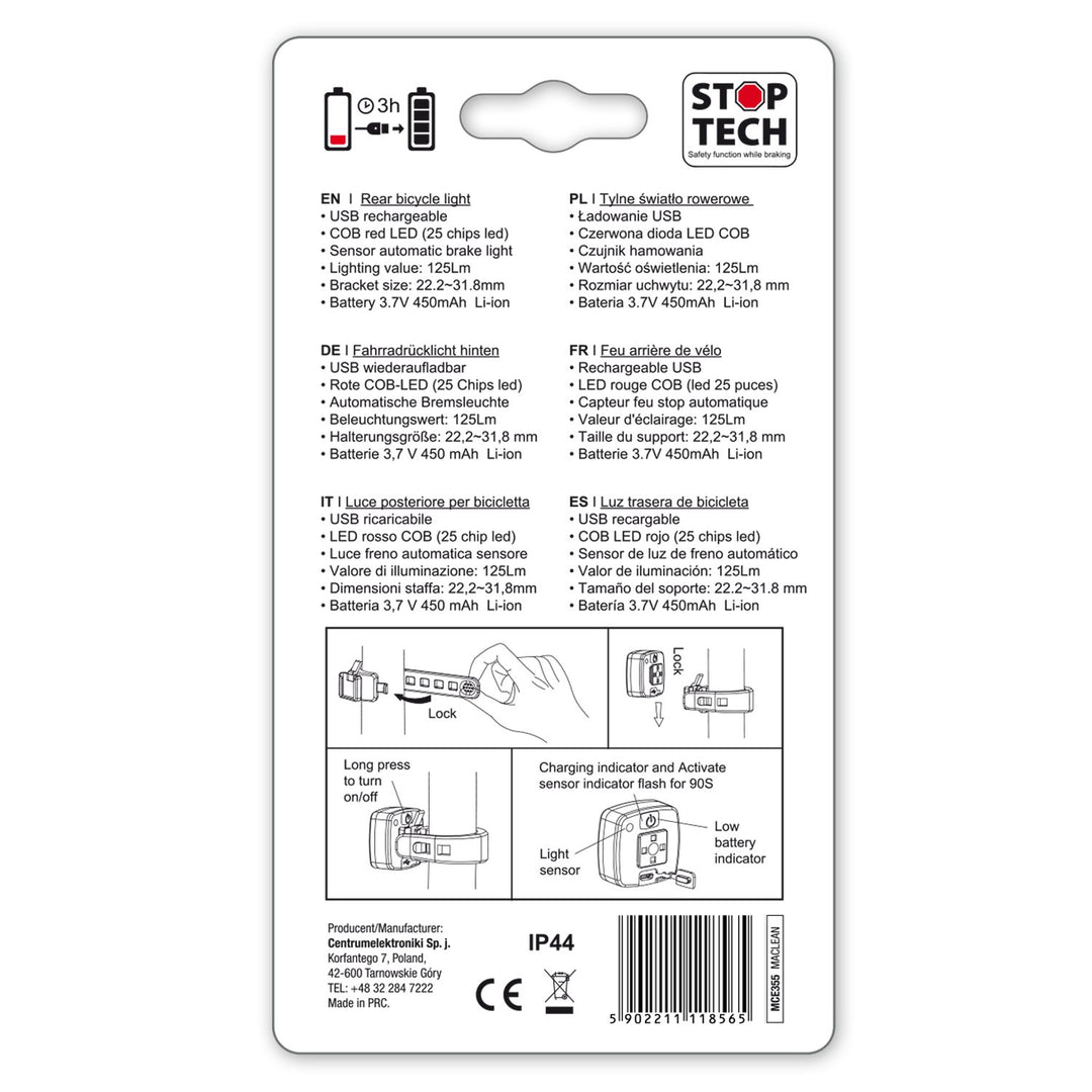 Solas Eireaball Rothar Maclean MCE355 Solas Cúil COB faoi stiúir Solas 125 Lumens USB Battery In-athluchtaithe 3 Modh Gealánacha IP44 Uiscedhíonach