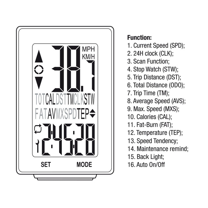 Maclean Energy MCE315 16in1 Wired Bicycle Computer Speedometer, Easy to Read Display with Backlight