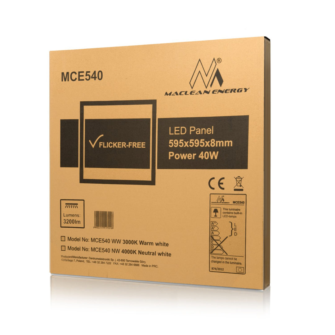 Painéal uasteorainn faoi stiúir Maclean Energy MCE540 caol 40W, 3200lm Bán Te (3000K) raster WW 595x595x8mm, feidhm FLICKER-SAOR IN AISCE