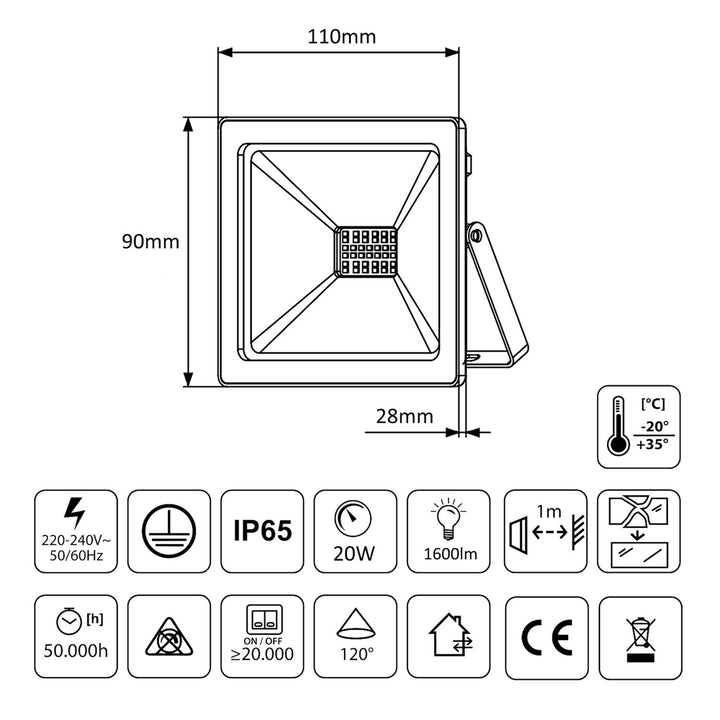 Maclean Energy MCE520 LED slim 20W floodlight, 1600lm Warm White (3000K) WW, IP65, PREMIUM