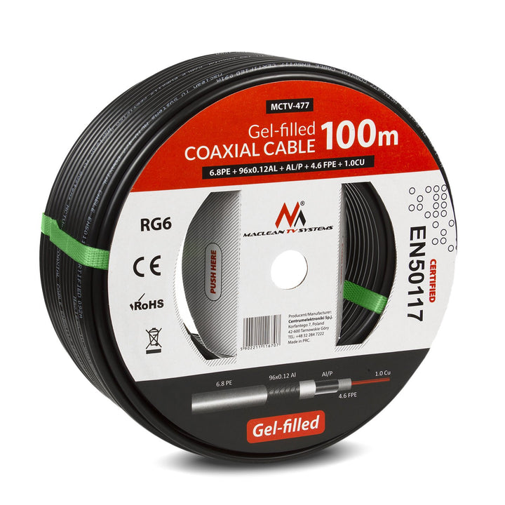 Maclean MCTV-477 Coaxial Gel Cable RG6 100M 1.0CU + 4.6FPE + AL / P + 96*0.12AL + 6.8PE