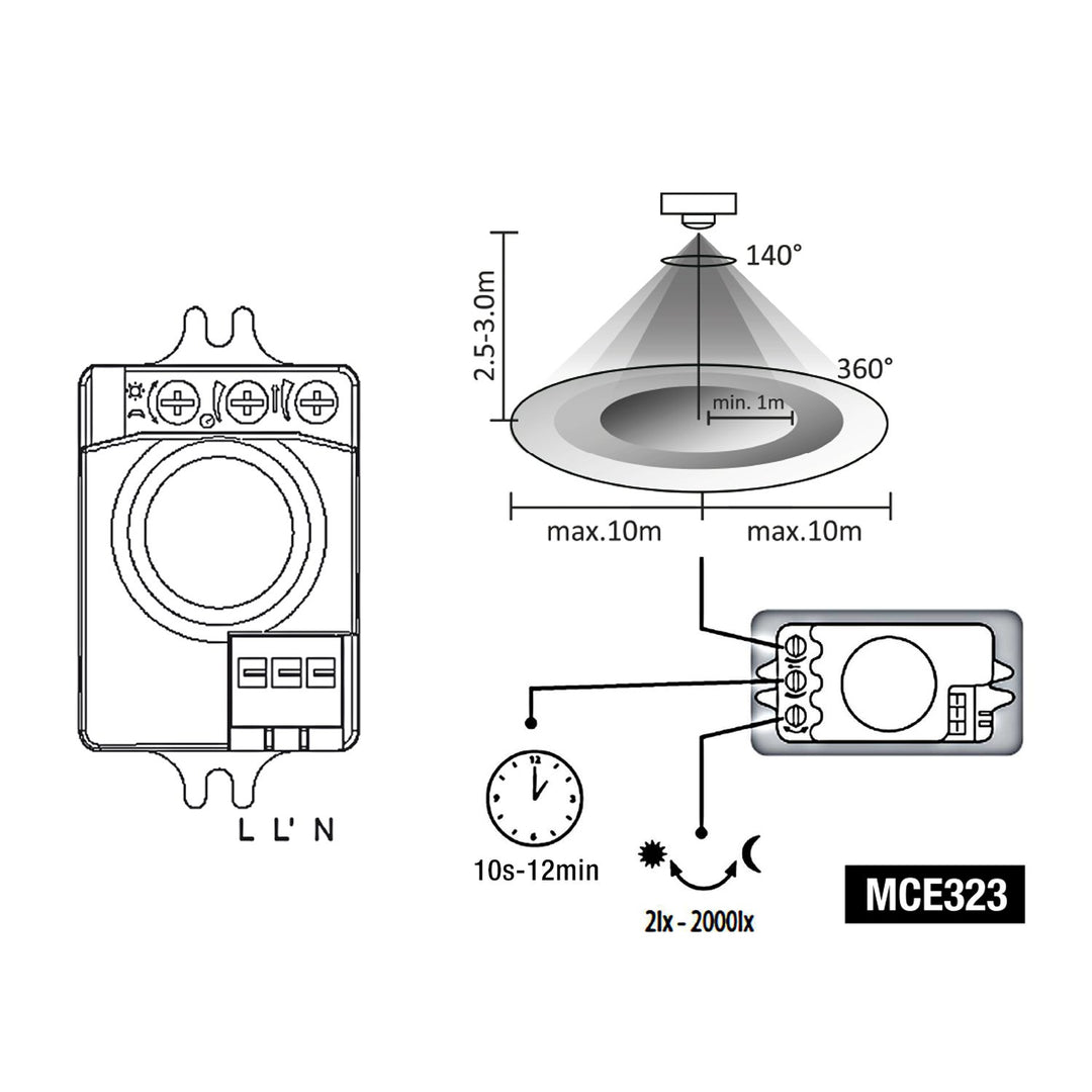 Maclean Energy MCE323 Braiteoir Gluaisne Micreathonnta PIR faoi stiúir Braiteoir Twilight Déine Solais Inchoigeartaithe 10m