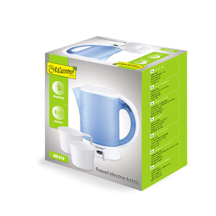 Maestro MR010 Electric Tourist Kettle + 2 Mugs Cup Compact Travel Overheating Protection 0.6L 600W