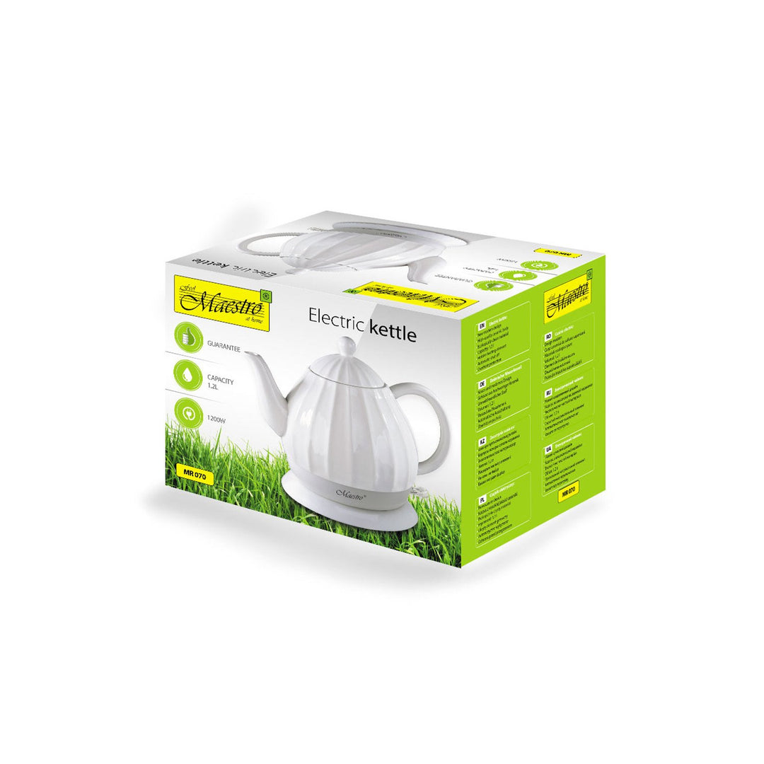 Maestro MR070 Electric Ceramic Kettle 1.2L 1200W White No Plastic with Lid Cordless Teapot