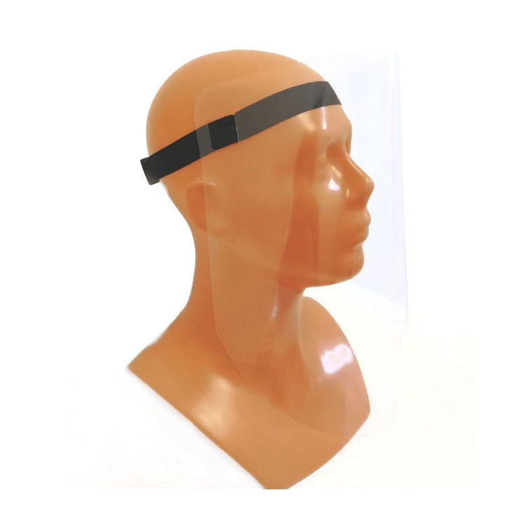 Face shield made of flexible PET film with adjustable strap