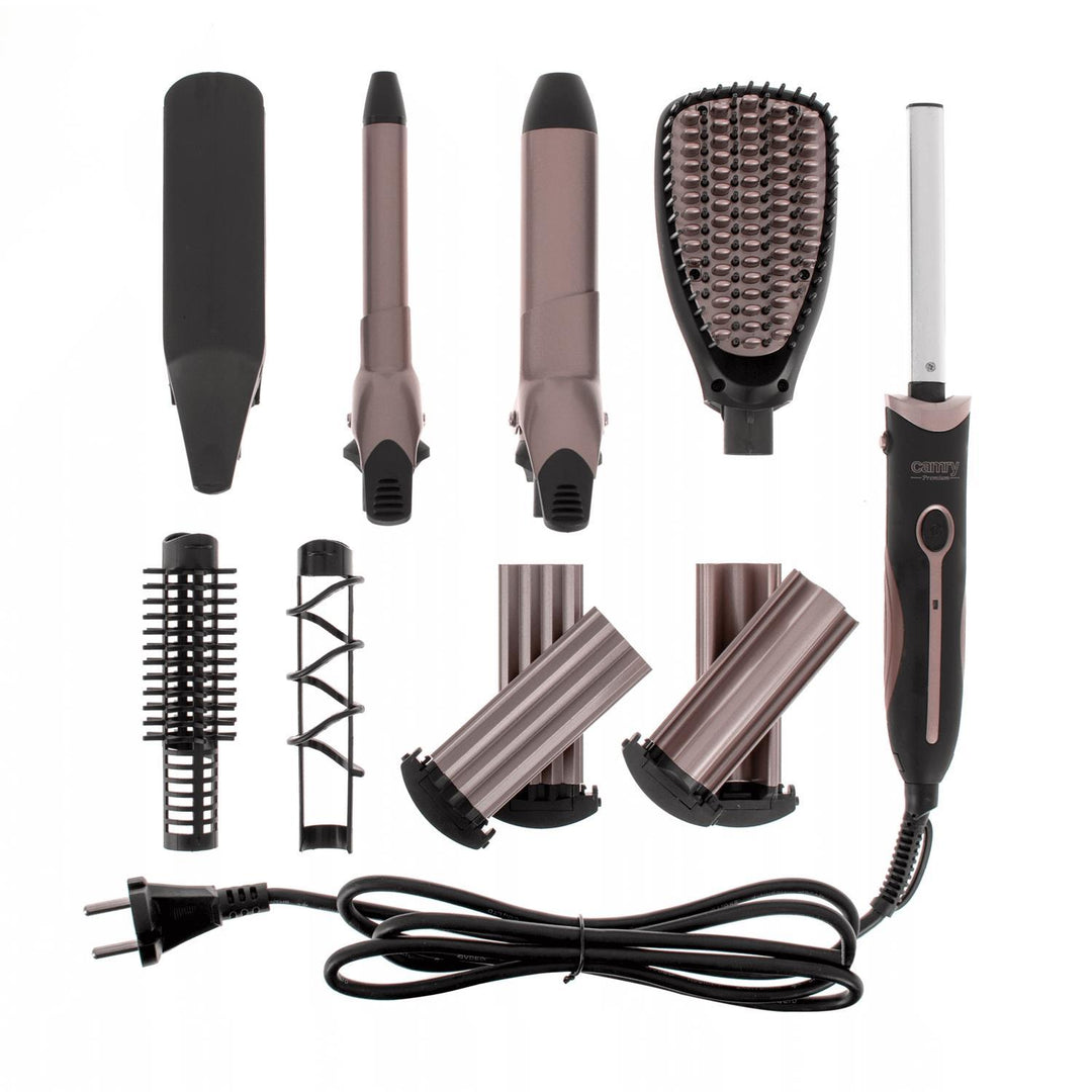 Straightening brush, 3D wavy and crimping plates, 19 and 32 mm curlers and 2 additional heads