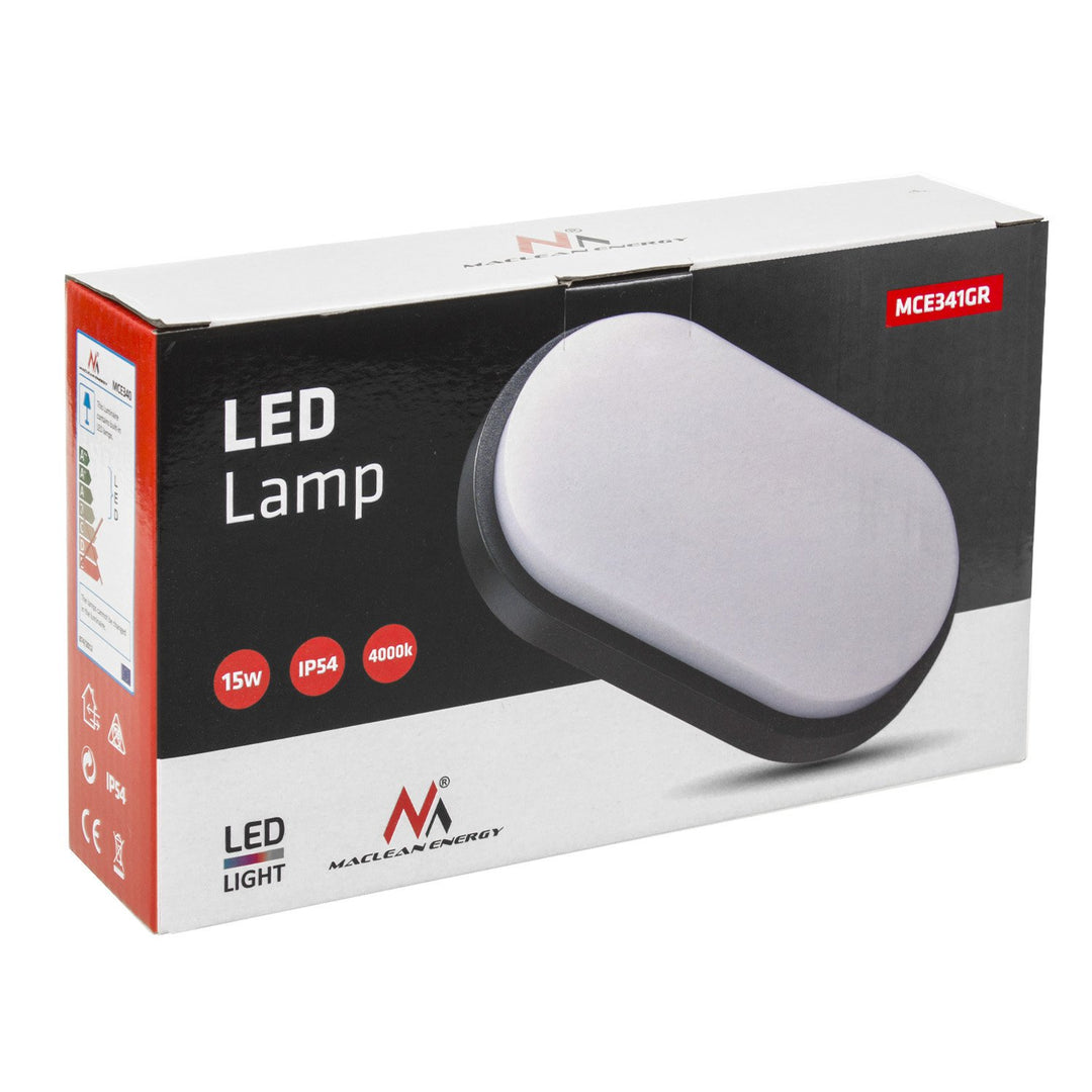 Lampa balla agus uasteorainn Maclean Energy MCE341 LED GR 1100lm 15W IP54 liath, bán nádúrtha (4000K)