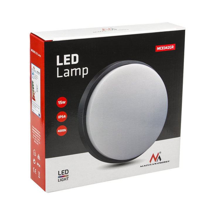 Lampa balla agus uasteorainn faoi stiúir Maclean Energy MCE342 GR 1100lm 15W IP54 liath, bán nádúrtha (4000K)