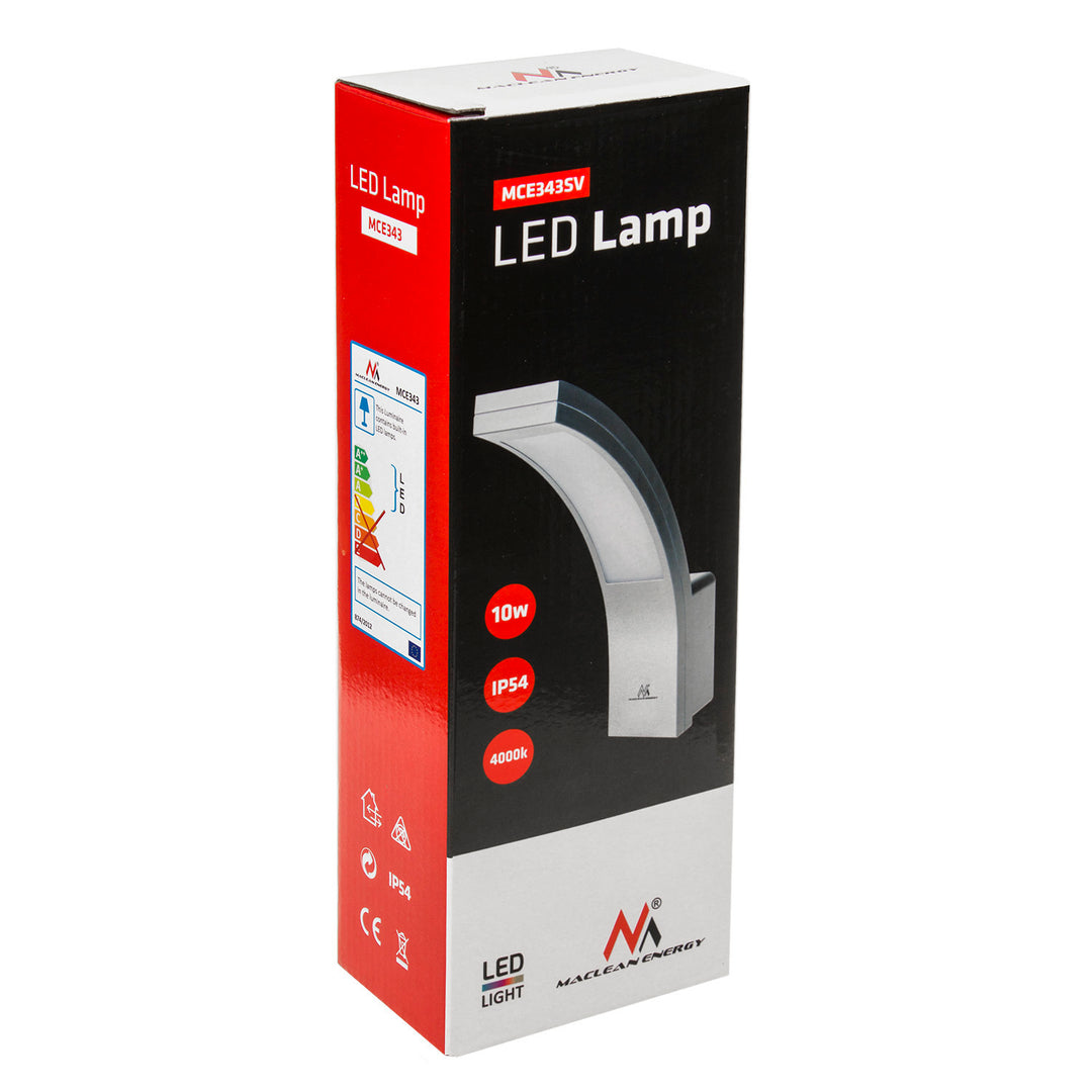 Lampa facade stiúir MCE343 SV 800lm 10W IP54 Maclean Energy dath airgid, dath bán nádúrtha (4000K)