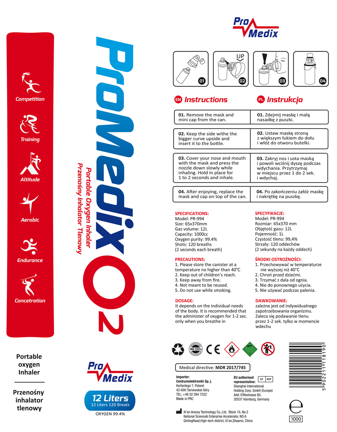 Promedix PR-994 Portable Oxygen Inhaler 12L in a Can 99.4% with Mouthpiece