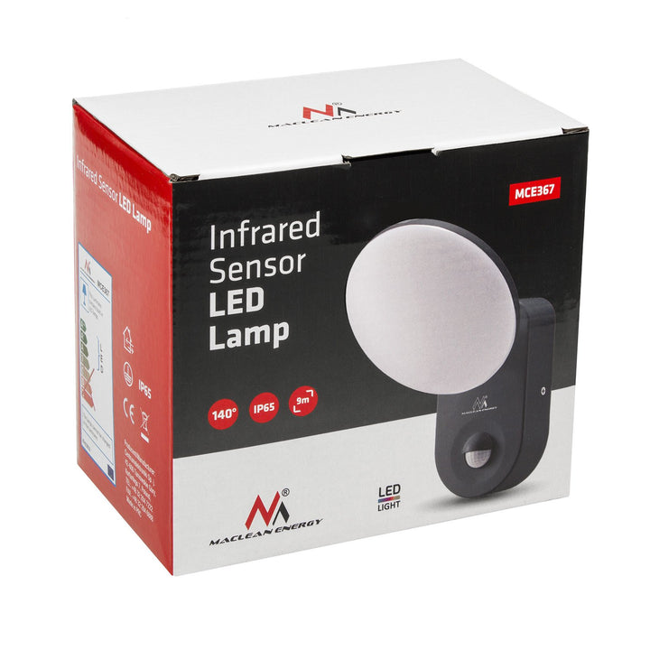 Lampa balla faoi stiúir Maclean Energy MCE367 le braiteoir PIR - PC + ALU, 15W (1100lm) Neodrach Bán 4000K IP65 liath