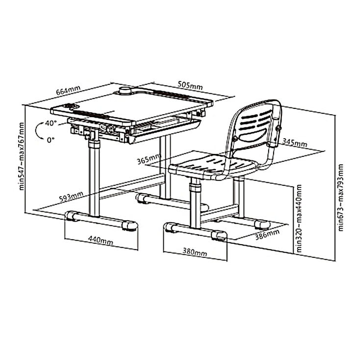 Ergo Office ER-418 Kids Height Adjustable Ergonomic Desk with Chair Set max. 75kg  Manual Adjustment Tilting 40°