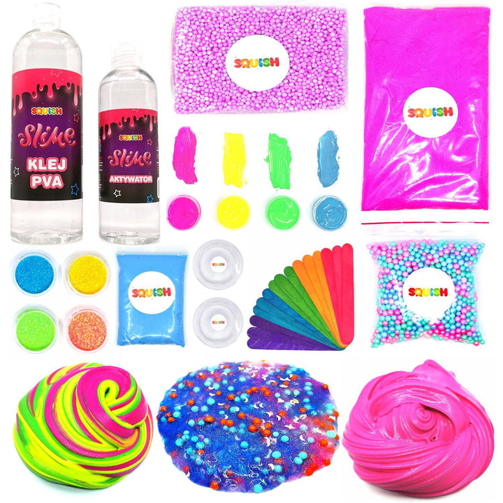 Slime Box - kinetic sand, polystyrene balls, fluo paint, glitters, neon foam and self-curing clay