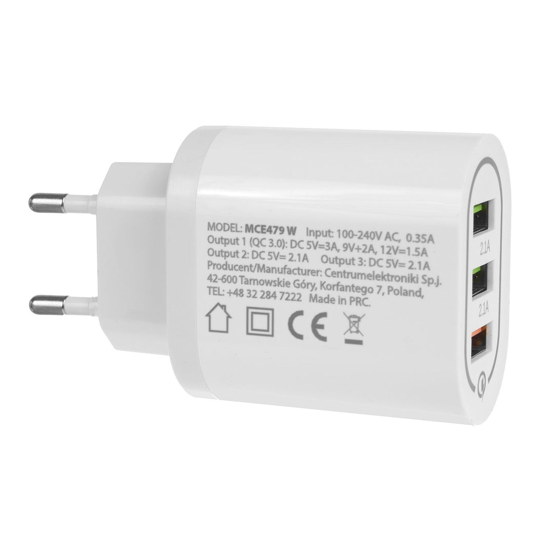 1xQC 3.0 Maclean Energy MCE479 W charger - white Qualcomm Quick Charge QC 3.0 - 3.6-6VV / 3A, 6-9V / 2A, 9-12V / 1.5A and 2 sockets 5V / 2.1A