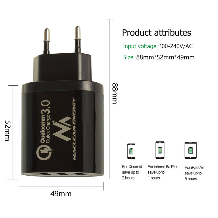 1xQC 3.0 Maclean Energy MCE479 B charger - black Qualcomm Quick Charge QC 3.0 - 3.6-6VV / 3A, 6-9V / 2A, 9-12V / 1.5A and 2 sockets 5V / 2.1A