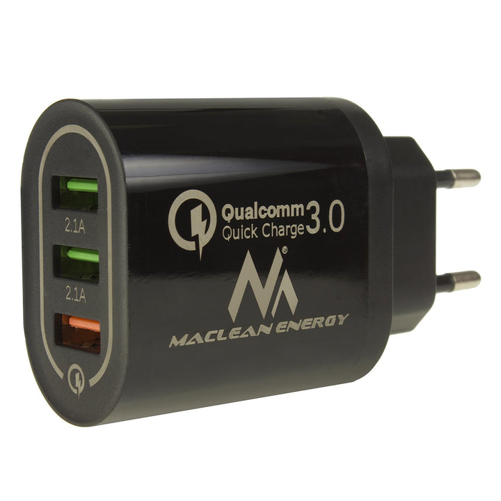 1xQC 3.0 Maclean Energy MCE479 B charger - black Qualcomm Quick Charge QC 3.0 - 3.6-6VV / 3A, 6-9V / 2A, 9-12V / 1.5A and 2 sockets 5V / 2.1A