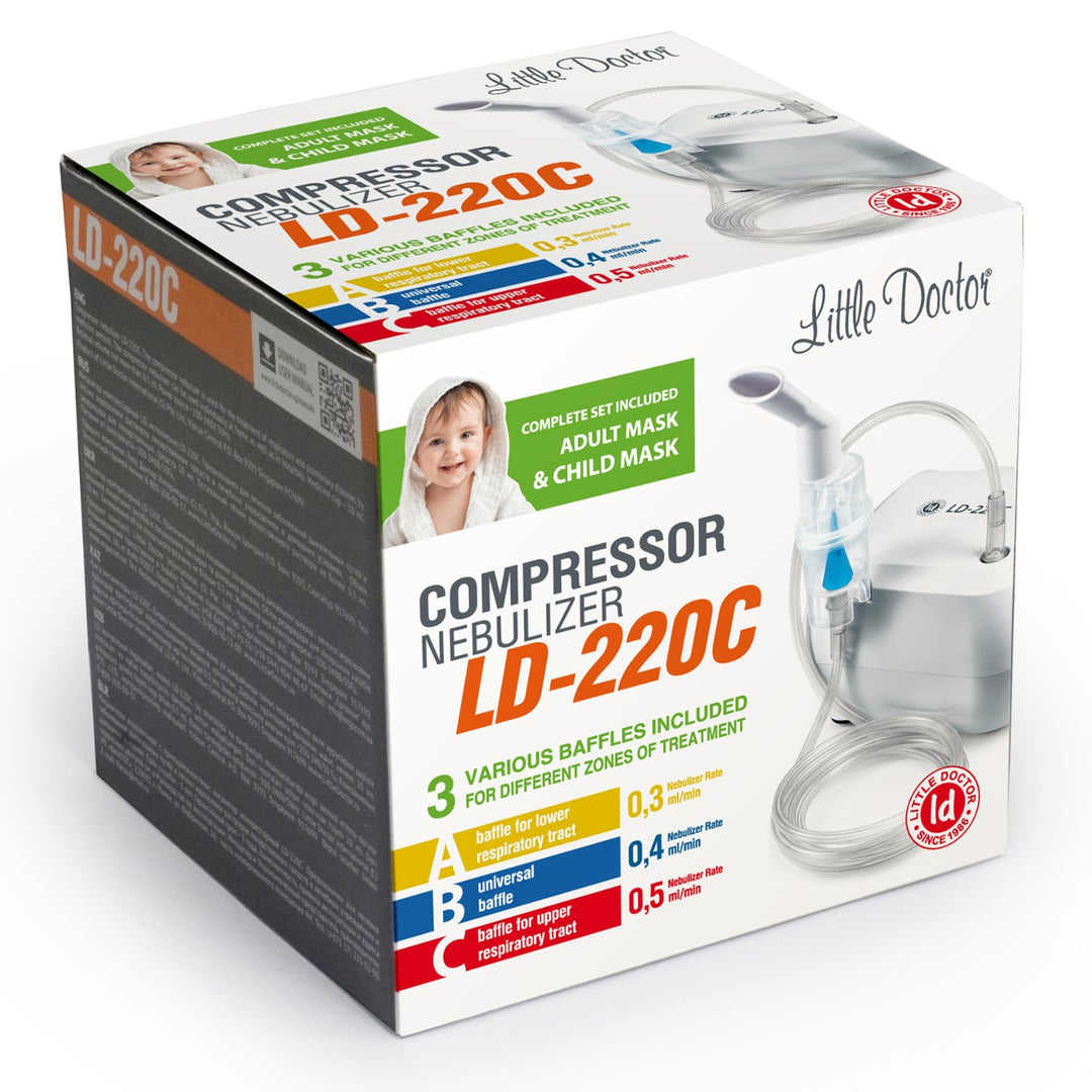 LD-220C piston inhaler  - mask for adults and children, mouthpieces, attachments for nose inhalation, air hose, interchangeable air filters and nozzles