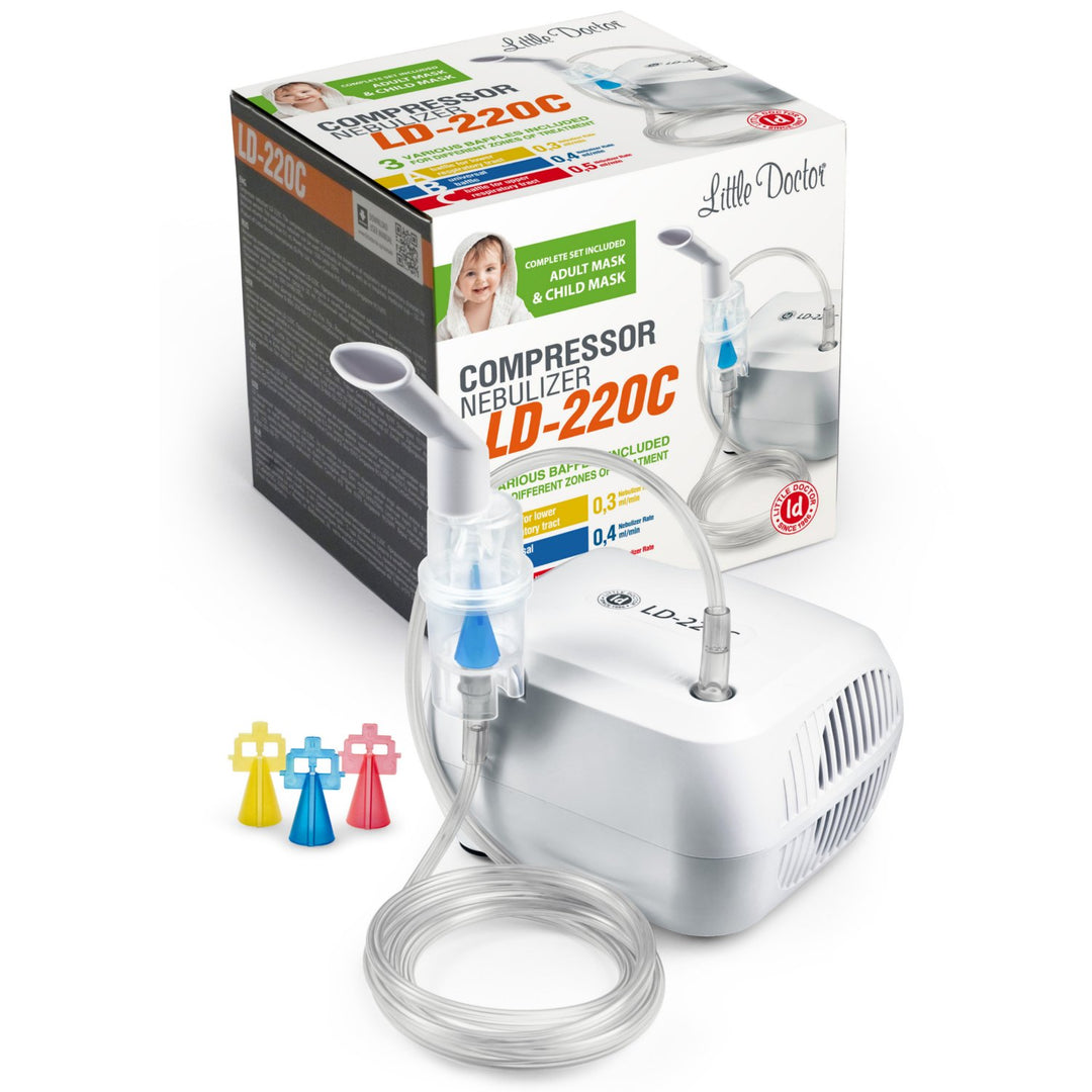 LD-220C piston inhaler  - mask for adults and children, mouthpieces, attachments for nose inhalation, air hose, interchangeable air filters and nozzles