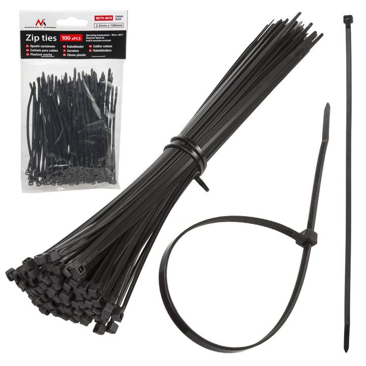 100 PCS Cable Zip Ties Black UV Resistant - 40°C + 85°C 100mm Flexible