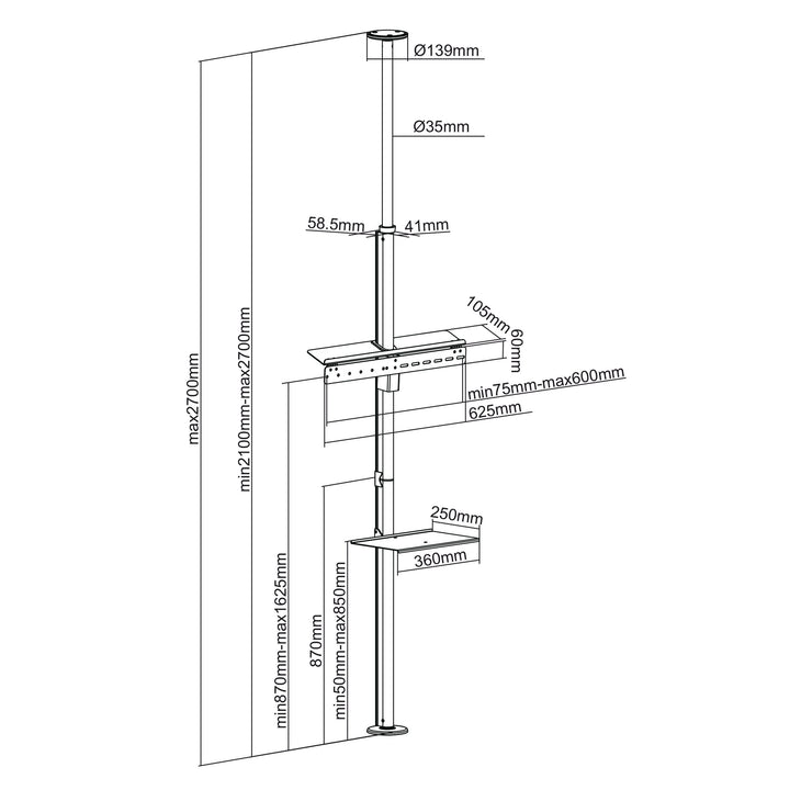 Maclean MC-791N Telescopic TV Bracket Mount Holder Floor to Ceiling Universal Holde 37 "- 70" 30 kg QLED OLED LED LCD DVD