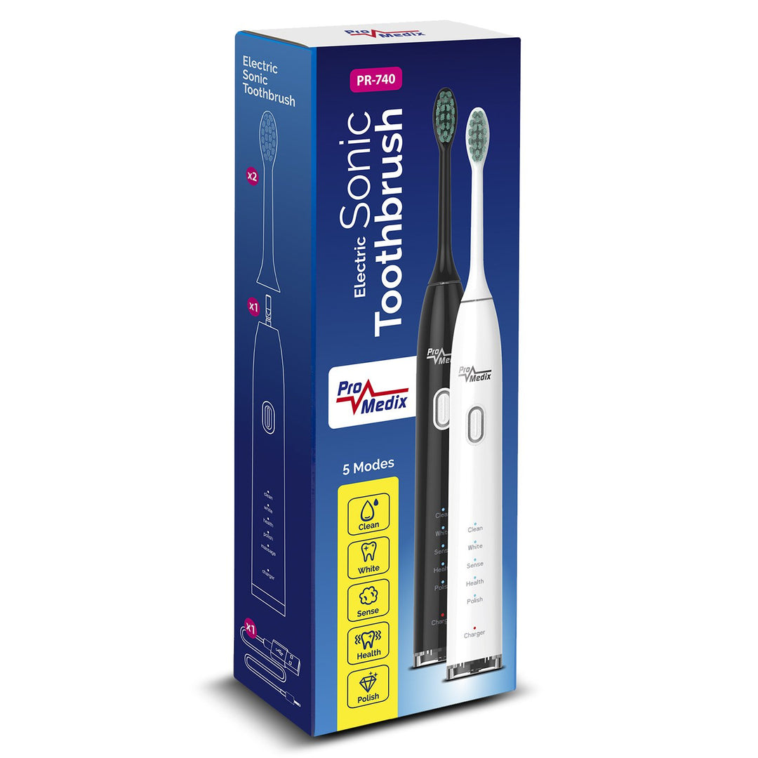 Sonic Toothbrush Promedix PR-740 B black, 5 modes, timer, battery level indicator 2 replacement heads included