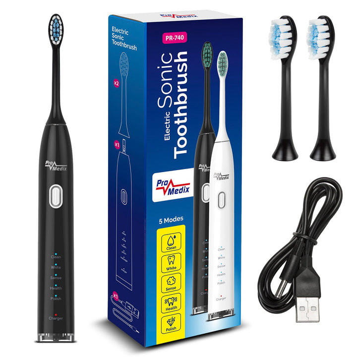 Sonic Toothbrush Promedix PR-740 B black, 5 modes, timer, battery level indicator 2 replacement heads included