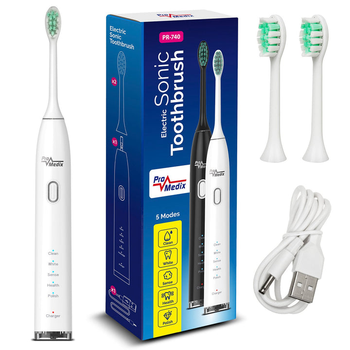 Sonic Toothbrush Promedix PR-740 W White, 5 modes, timer, battery level indicator 2 replacement heads included