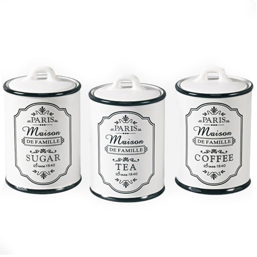 Maestro Paris Set of 3 Ceramic Retro Kitchen Containers with Lid Coffee Tea Sugar