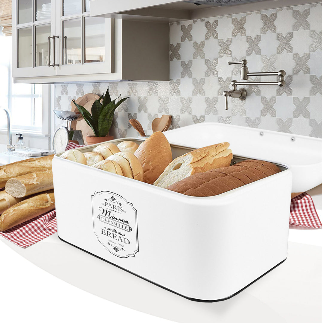 Metal Bread Bin Container Box Stainless Steel Lid White