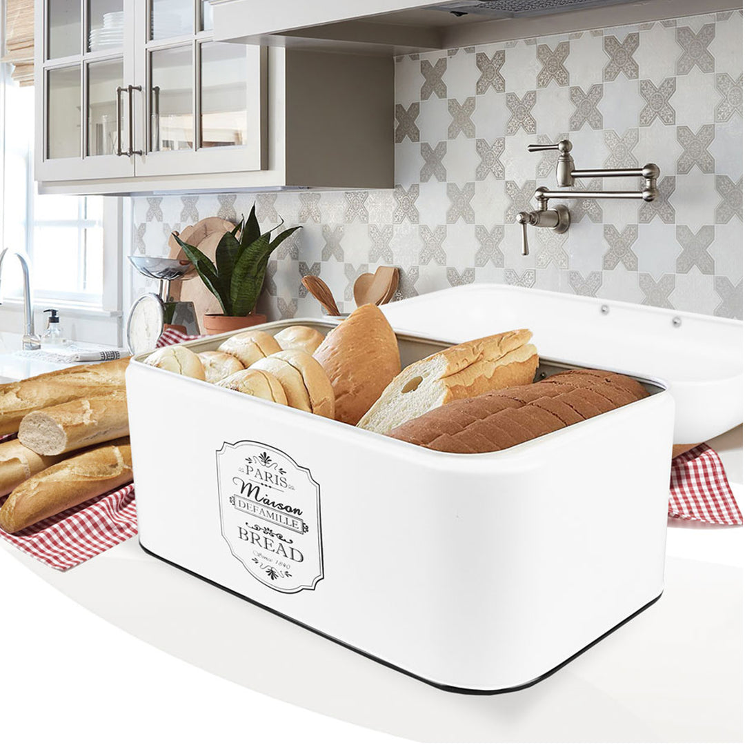 Metal Bread Bin Container Box Stainless Steel Lid White