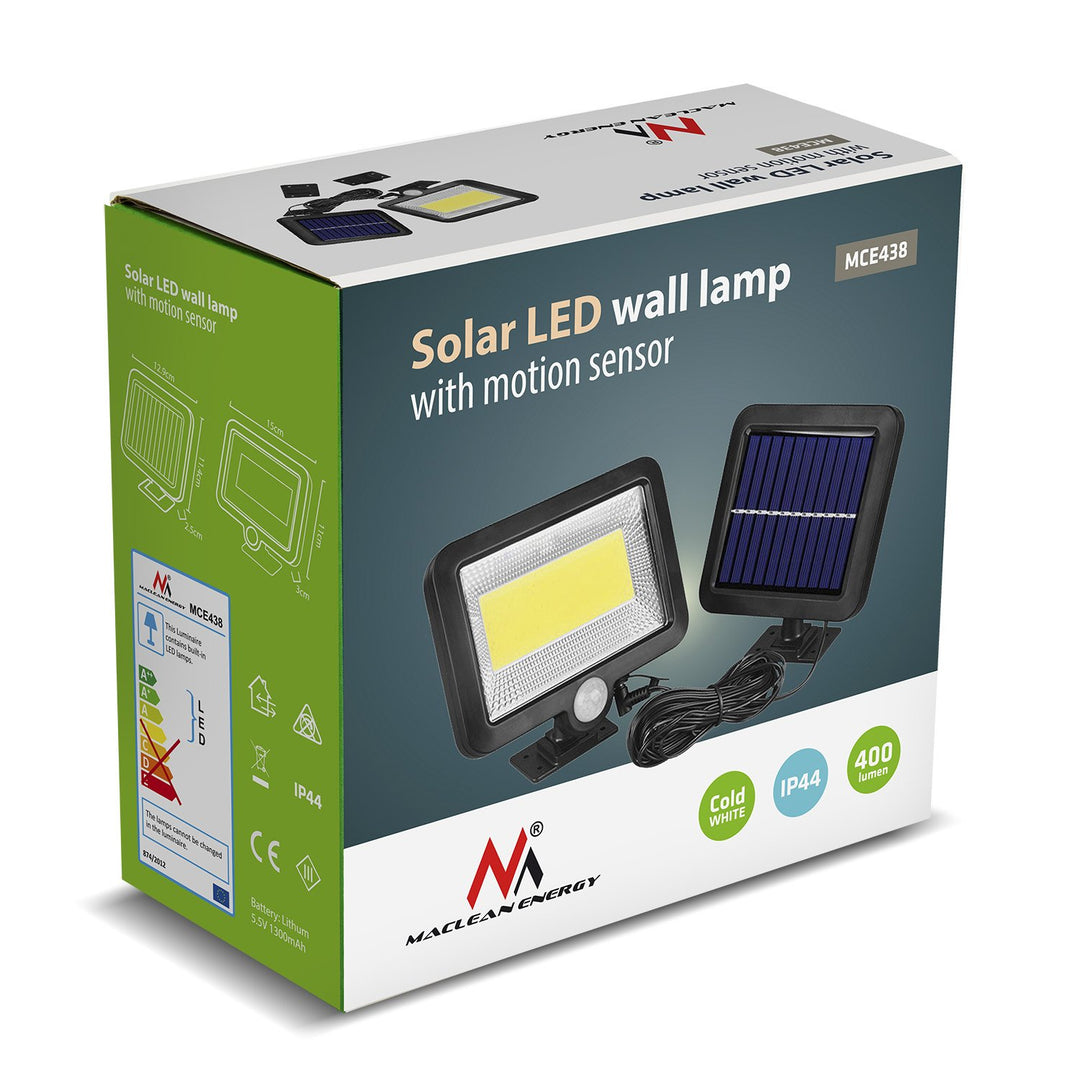 Maclean Energy MCE438 Solar LED Floodlight with motion sensor, IP44, 5W, 400lm, 6000K cold white, lithium battery 1300 mAh, 3.7V DC