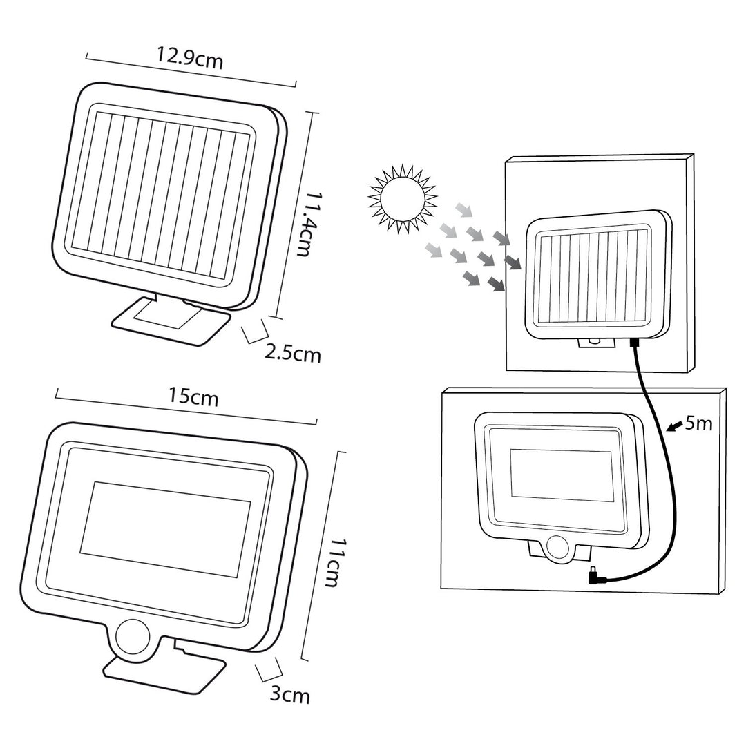 Maclean Energy MCE438 Solas Tuilte faoi stiúir Gréine le braiteoir tairiscint, IP44, 5W, 400lm, 6000K fuar bán, ceallraí litiam 1300 mAh, 3.7V DC