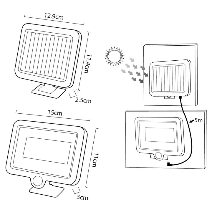 Maclean Energy MCE438 Solas Tuilte faoi stiúir Gréine le braiteoir tairiscint, IP44, 5W, 400lm, 6000K fuar bán, ceallraí litiam 1300 mAh, 3.7V DC