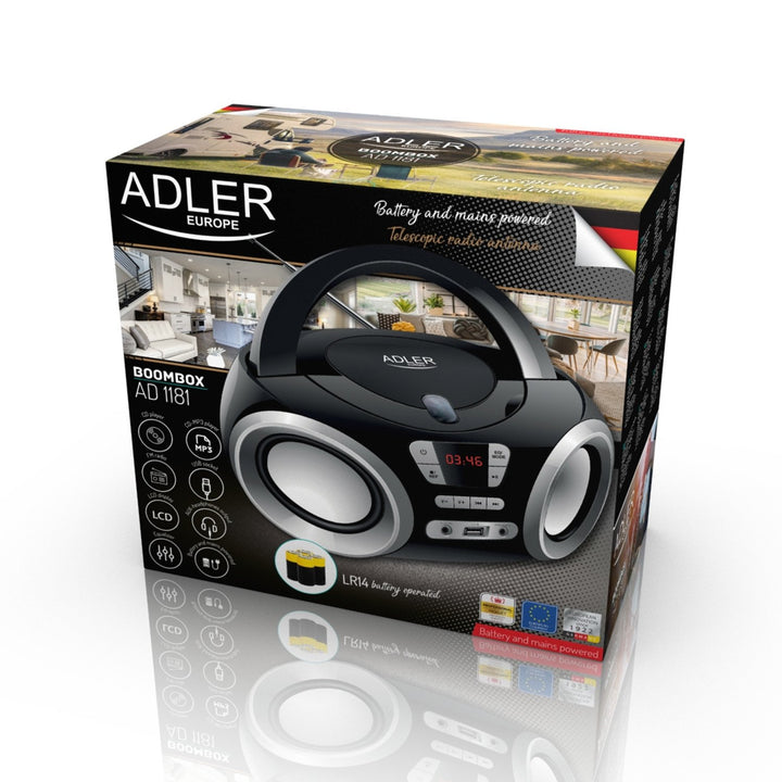 Adler AD 1181 Boombox Portable CD Radio Player USB MP3 AUX CD Headphone Input LCD Screen