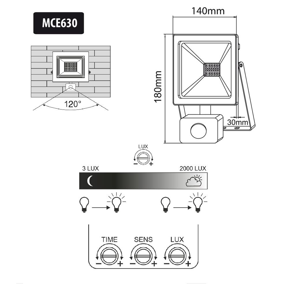 Maclean MCE630 CW LED floodlight with Maclean motion sensor, slim 30W, 2400lm, cold white color (6000K), IP44, MCE630 CW PIR