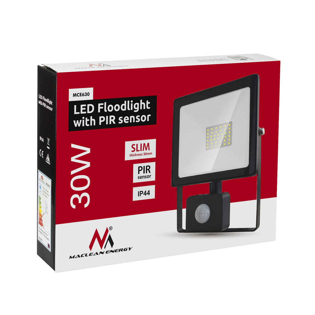 Maclean MCE630 NW LED floodlight with Maclean motion sensor, slim 30W, 2400lm, neutral white (4000K), IP44, MCE630 NW PIR