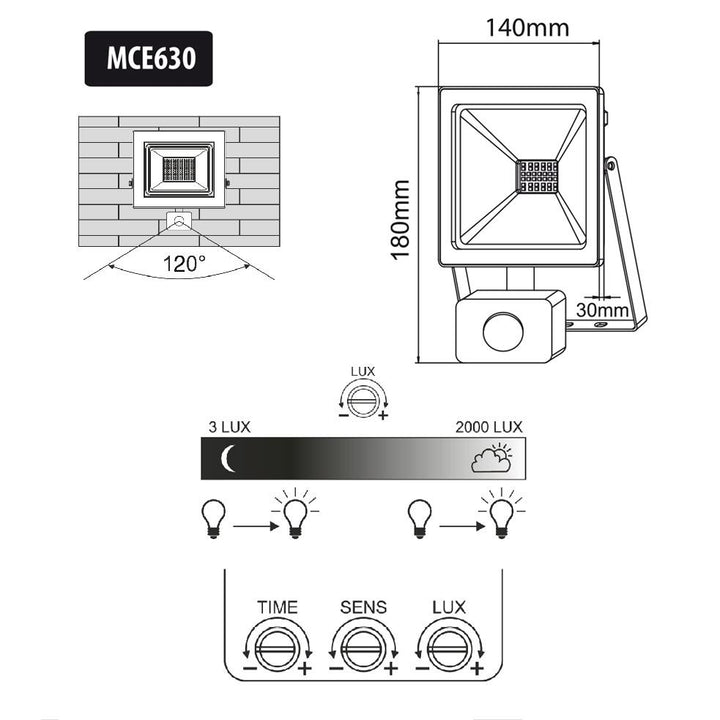 Tuilsoilse Maclean MCE630 NW LED le braiteoir tairiscint Maclean, caol 30W, 2400lm, bán neodrach (4000K), IP44, MCE630 NW PIR