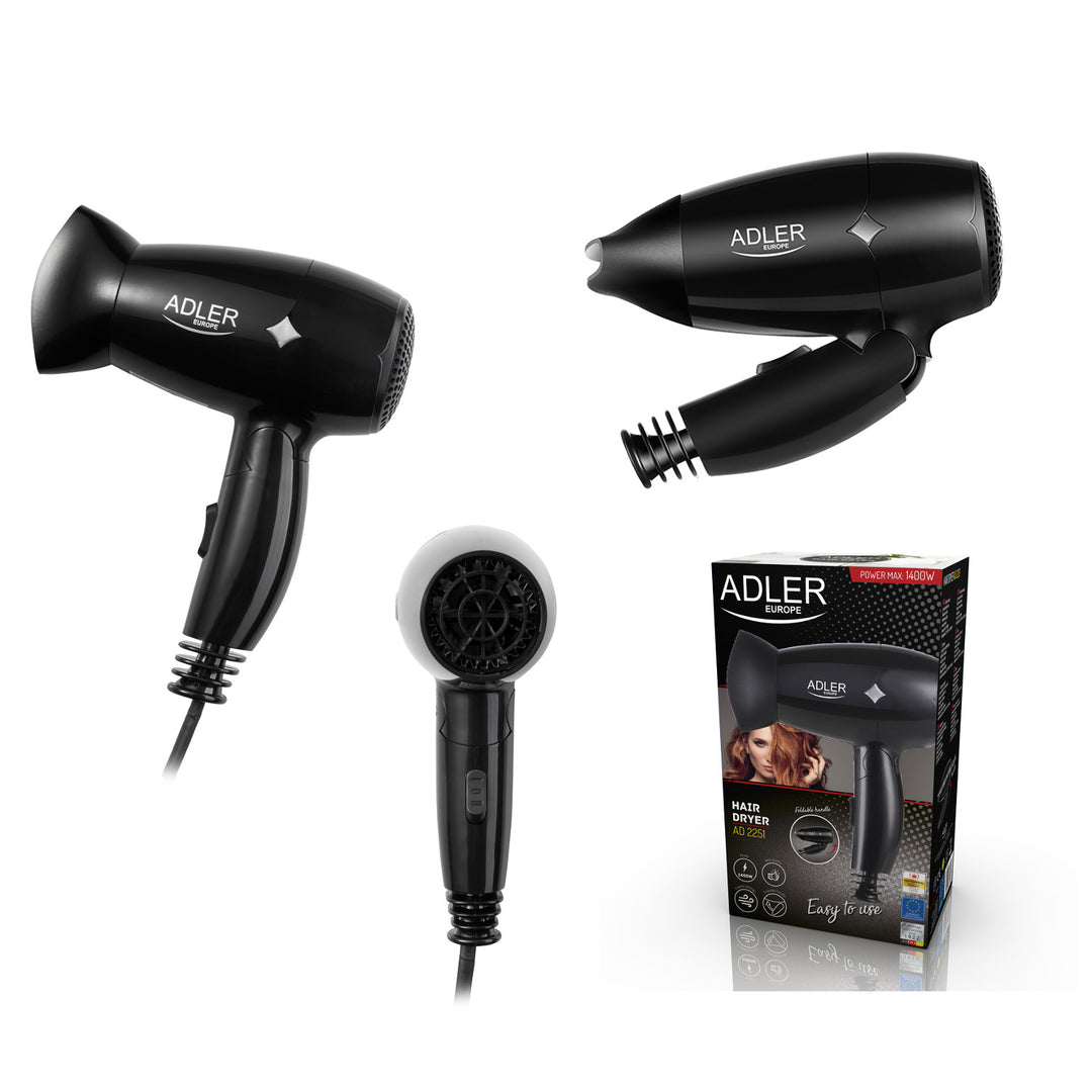 Adler AD 2251 Hair Dryer, Travel Hair Dryer, Foldable Handle, Small, Ergonomic, 1400 W