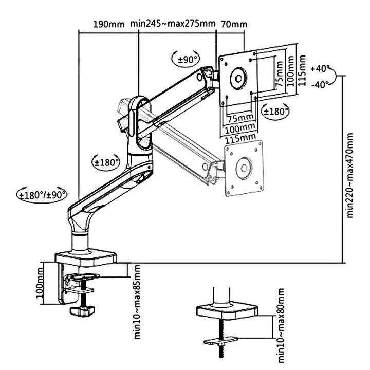 Ergo Office ER-436 Sliabh Monatóir Préimh 1-Fillte le Gás Earrach 17" - 32" Deasc Lámha Dúbailte Monatóir Sléibhe Tilt Scagtha Inuaine VESA 75x75 100x100 suas le 9kg