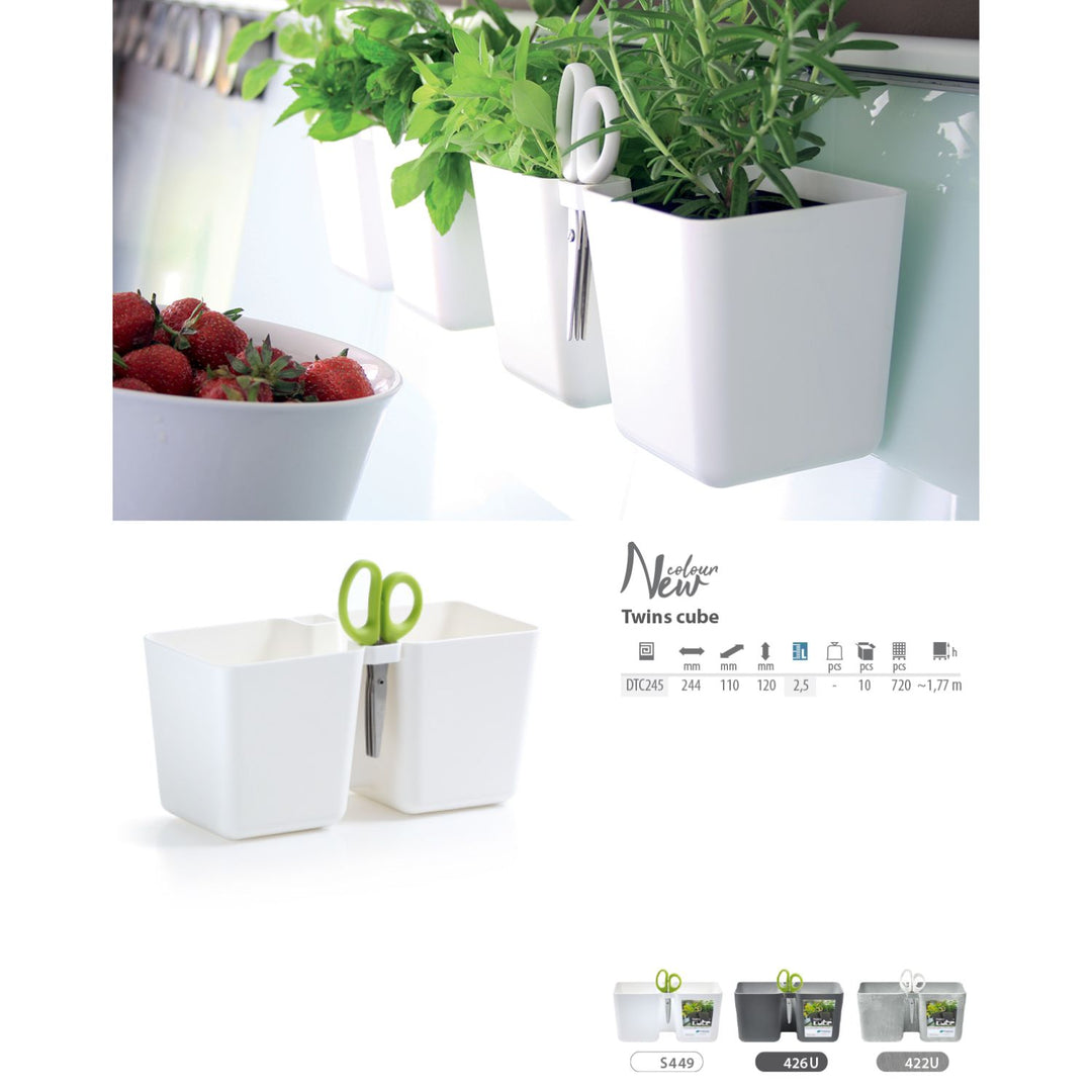 Twins Cube herb pot white with Herbs Cut scissors