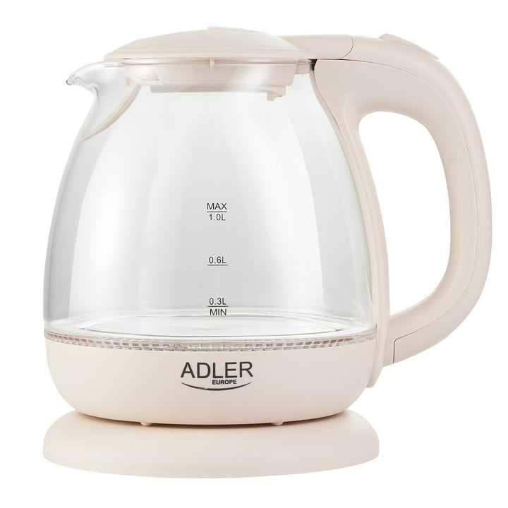 Adler AD 1283C Leictreach Kettle Glass 1.L 1100W Bonn Rothlach Iniompartha Táscaire Leibhéal Uisce LED