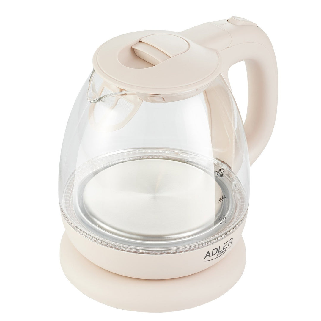 Adler AD 1283C Leictreach Kettle Glass 1.L 1100W Bonn Rothlach Iniompartha Táscaire Leibhéal Uisce LED