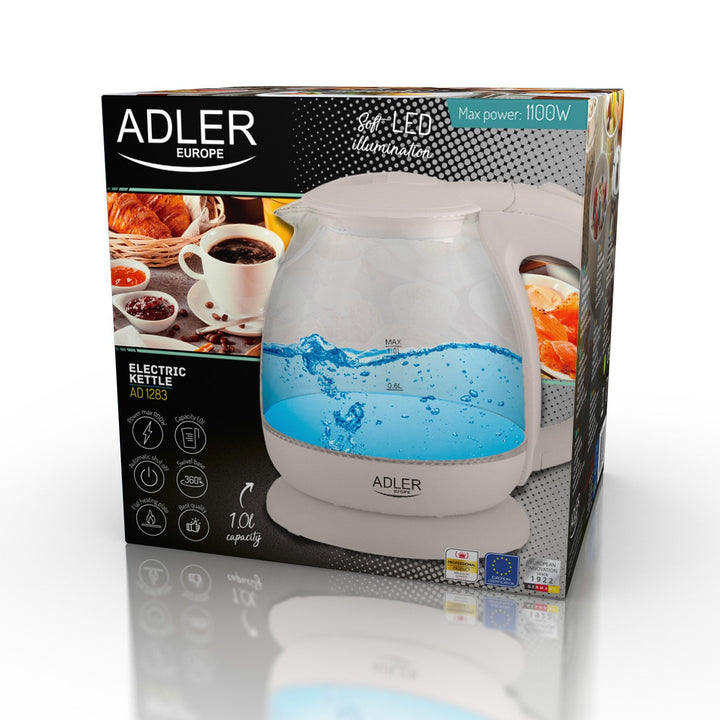 Adler AD 1283C Leictreach Kettle Glass 1.L 1100W Bonn Rothlach Iniompartha Táscaire Leibhéal Uisce LED