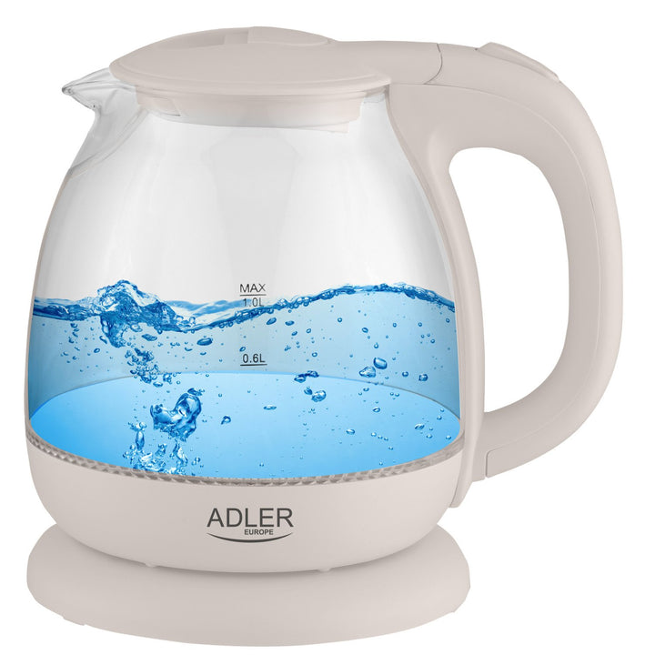 Adler AD 1283C Leictreach Kettle Glass 1.L 1100W Bonn Rothlach Iniompartha Táscaire Leibhéal Uisce LED