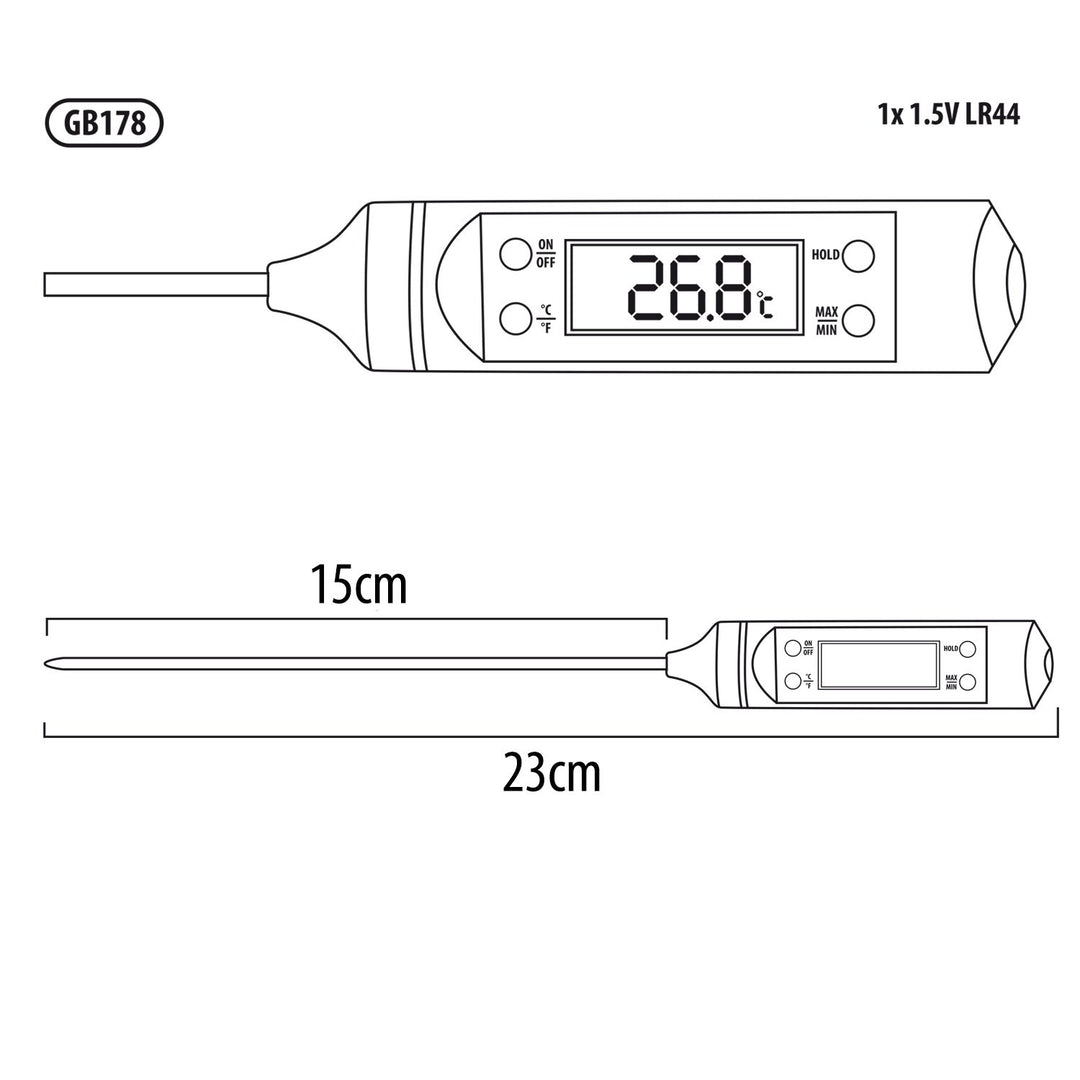 GreenBlue GB178 Food Thermometer Digital Probe 15 cm, temperature range -50 degrees C to +300 degrees C, accuracy 0.1 degrees C, GB178