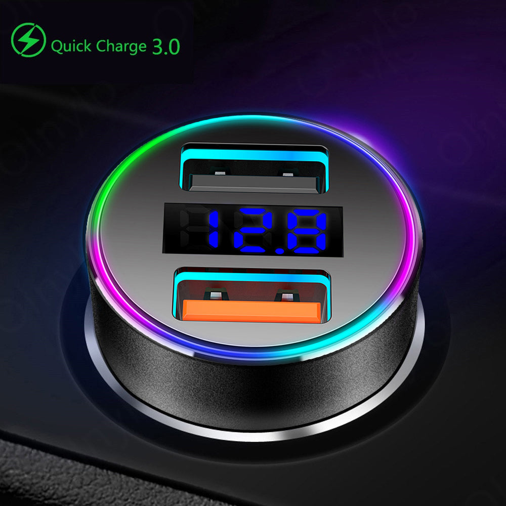 Maclean MCE375 Charger Dual Car le Soicéad Taispeána Toitíní Níos Gile Voltmeter Alúmanam USB 1x QC 3.0, USB 1x 5V/2.4A, RGB LED