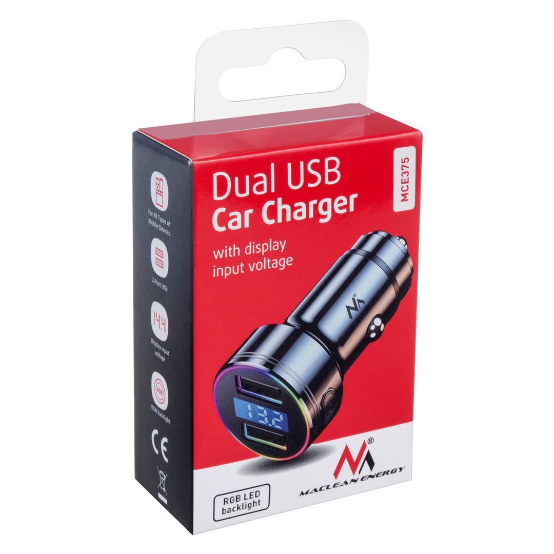 Maclean MCE375 Charger Dual Car le Soicéad Taispeána Toitíní Níos Gile Voltmeter Alúmanam USB 1x QC 3.0, USB 1x 5V/2.4A, RGB LED