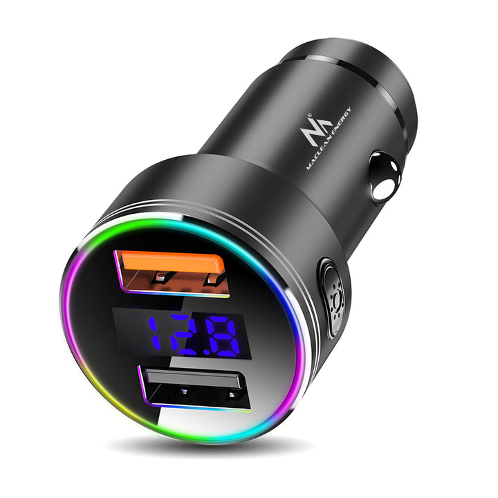 Maclean MCE375 Charger Dual Car le Soicéad Taispeána Toitíní Níos Gile Voltmeter Alúmanam USB 1x QC 3.0, USB 1x 5V/2.4A, RGB LED