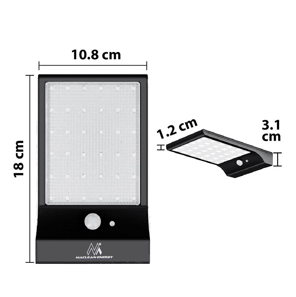 Maclean MCE444 Solar LED Lamp Motion Sensor PIR Twilight Outdoor Wall Light  IP65 Adjustable Wireless